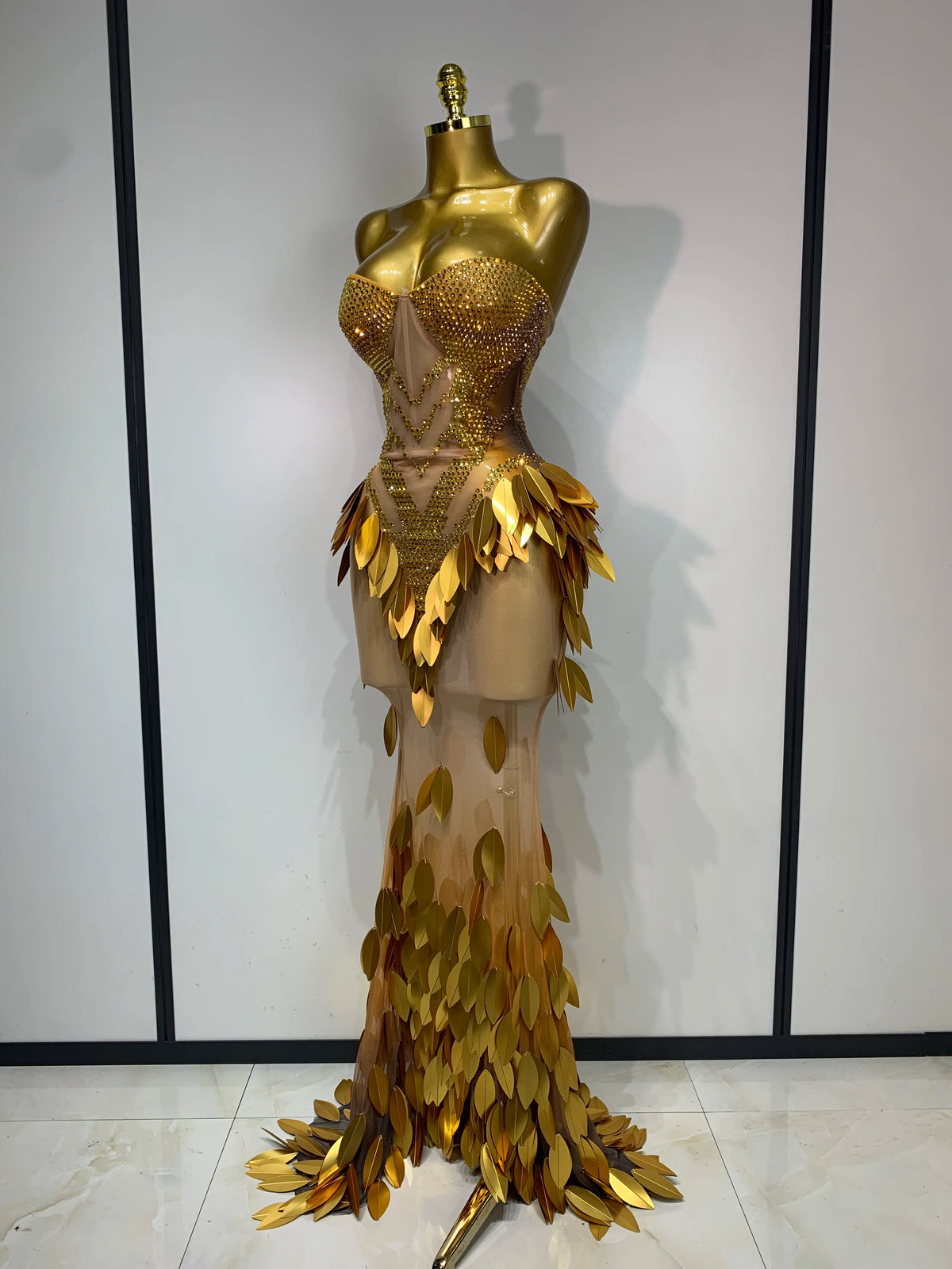 Women's Fashion Strapless Rhinestone Sequin Mesh Maxi Dress