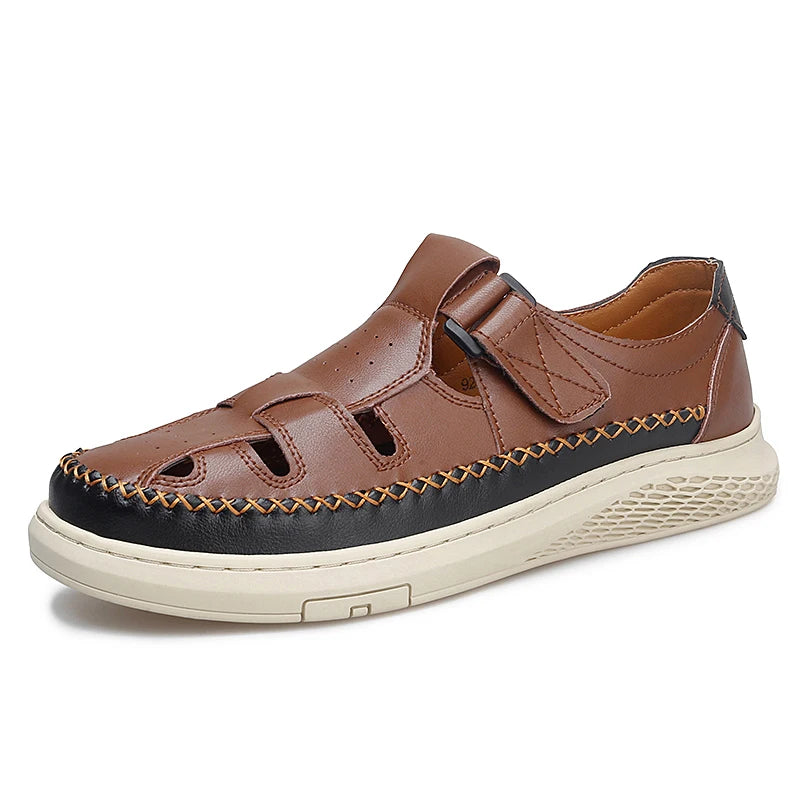Men's Retro Leather Hollow Breathable Sandals Non-Slip Walking Shoes