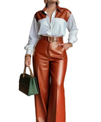 Women's Turn-Down Collar Shirt & Wide Leg Pants Set