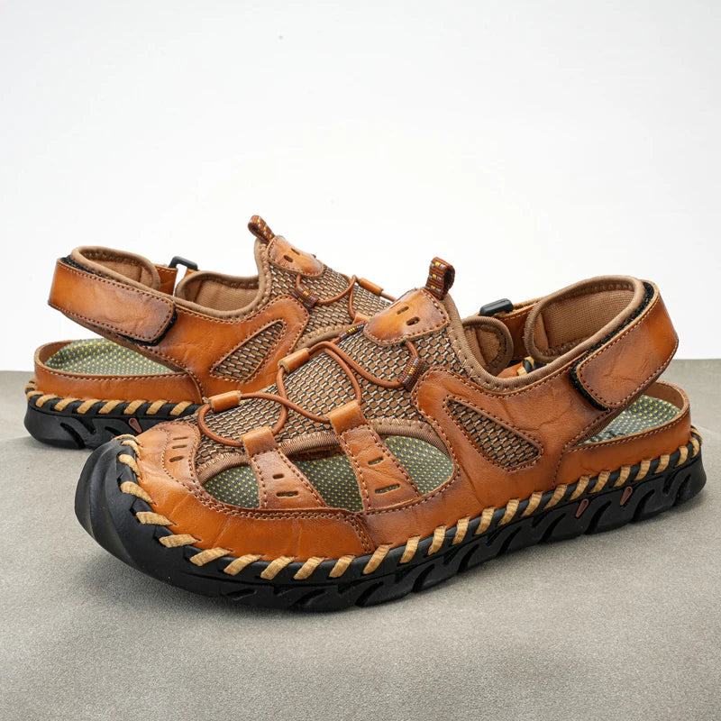 Men's Breathable Mesh Leather Sandals Closed Toe Outdoor Beach Shoes
