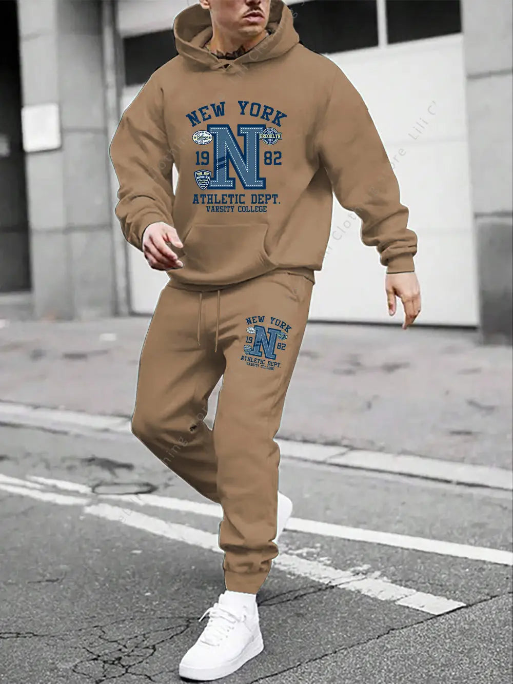 Men's Casual Gothic Letter Print Hoodie and Pants Two Piece Tracksuit Set