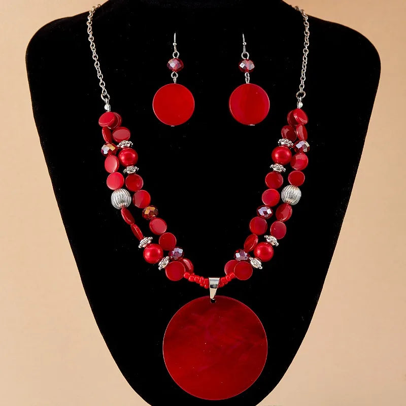 Women's Fashion Bohemian Ethnic Round Pendant Necklace and Earrings Set
