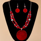 Women's Fashion Bohemian Ethnic Round Pendant Necklace and Earrings Set