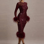 Women's Sequin Feather Patchwork Mesh Long Sleeve Dress