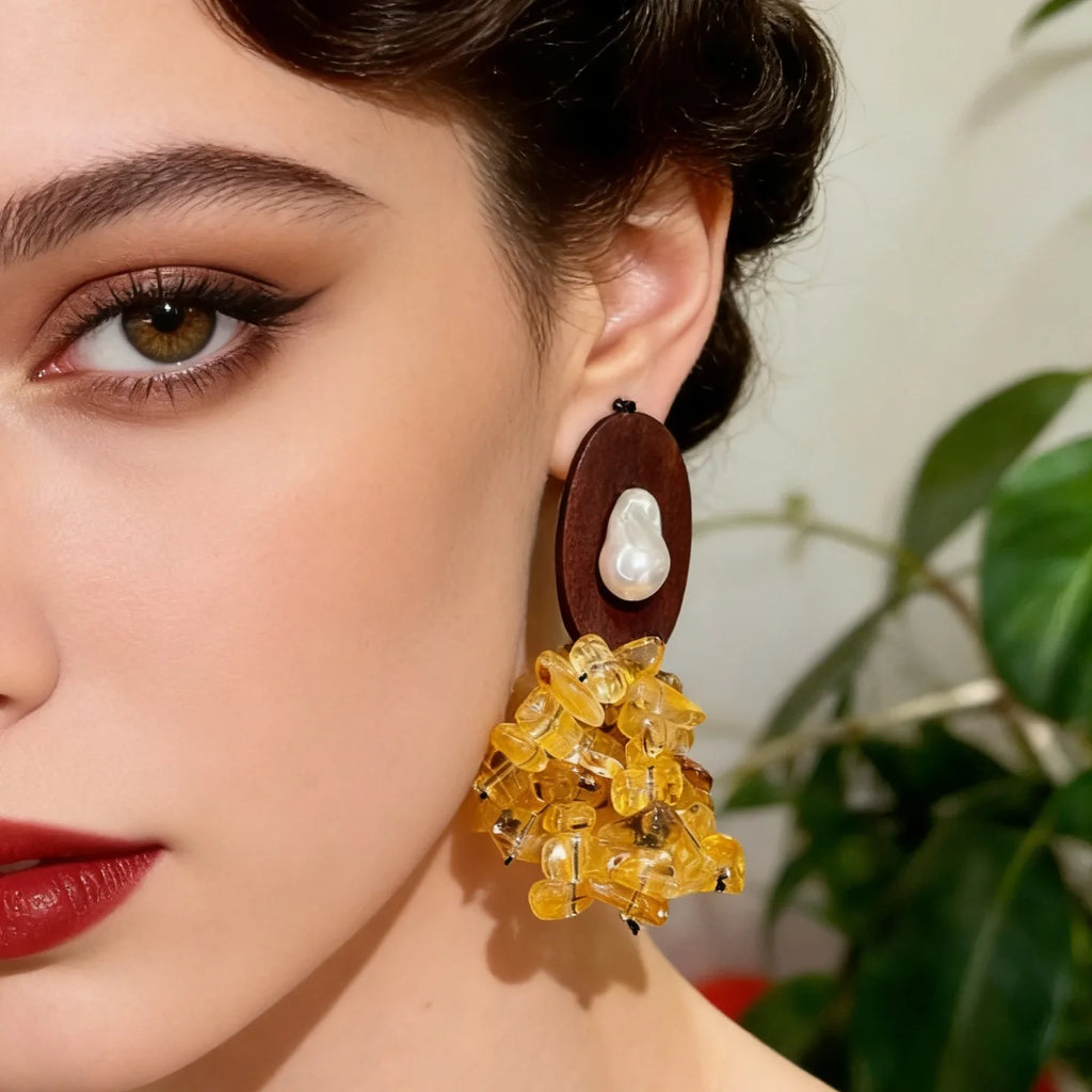 Women's Trendy Vintage Wooden Citrine Tassel Drop Earrings