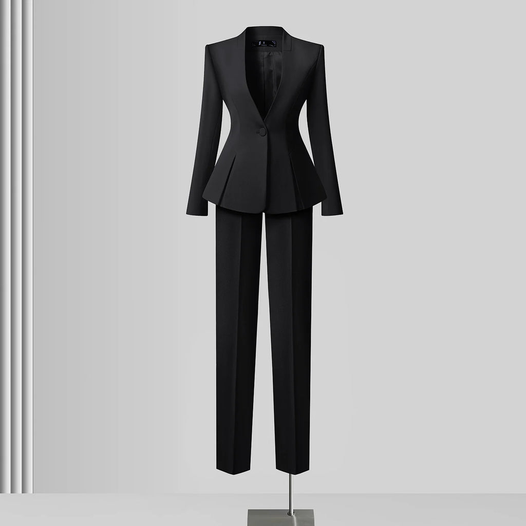 Women's Solid Long Sleeve Blazer Flare Pants Suit