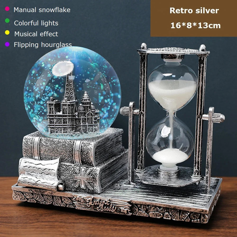 Vintage Luminous Snow Globe and Retro Hourglass Ornament