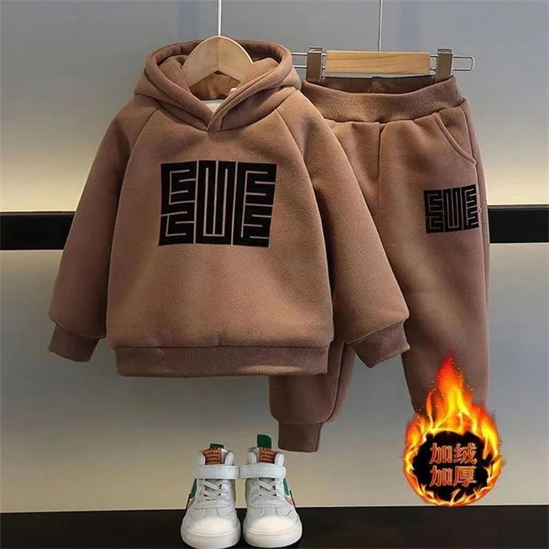 Kids' Warm Fleece Hooded Sweatshirt Pants Two-Piece Set