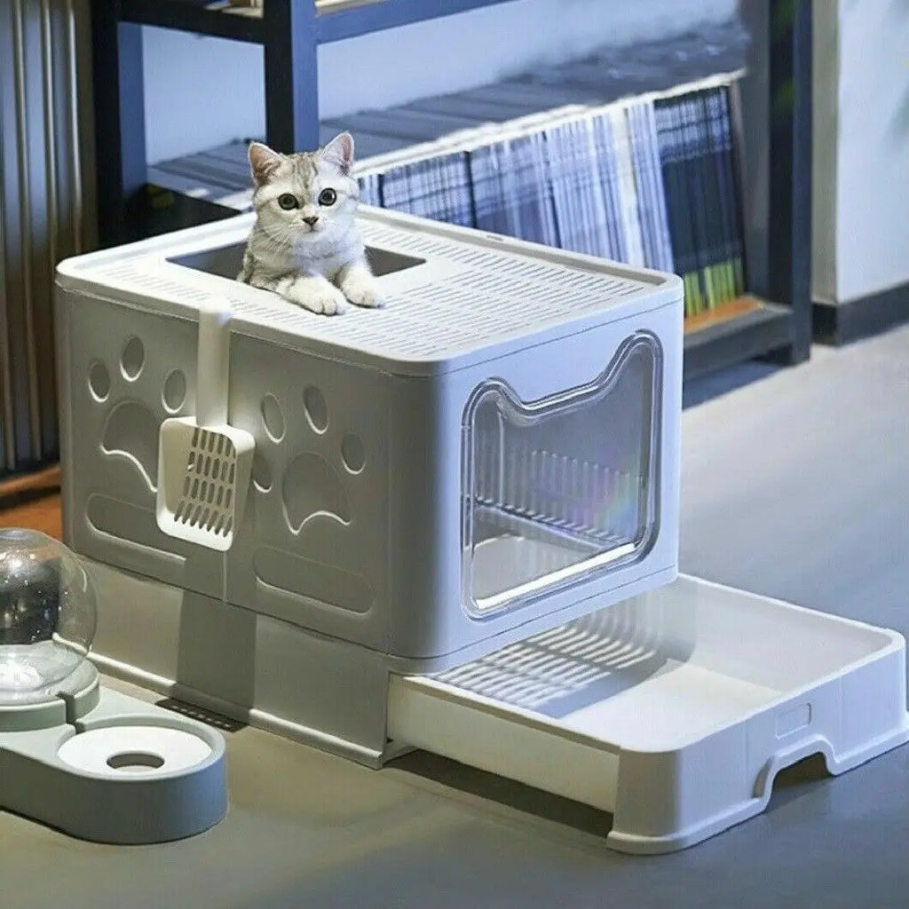 Foldable Hooded Cat Litter Box and Drawer Toilet Pan
