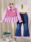 Girls' Patchwork Top Denim Flared Pants Two-Piece Set