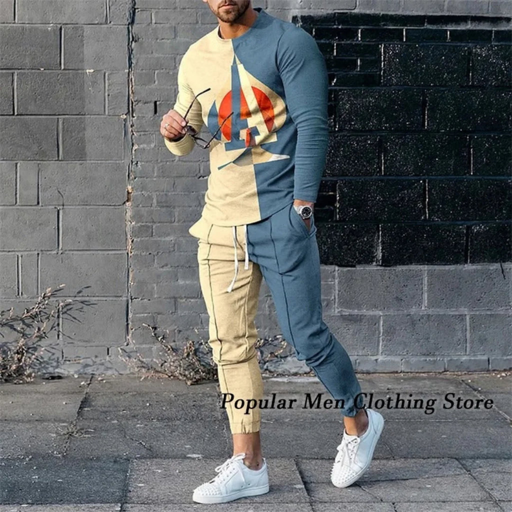 Men's Casual Print Round Neck T-Shirt and Pants Set