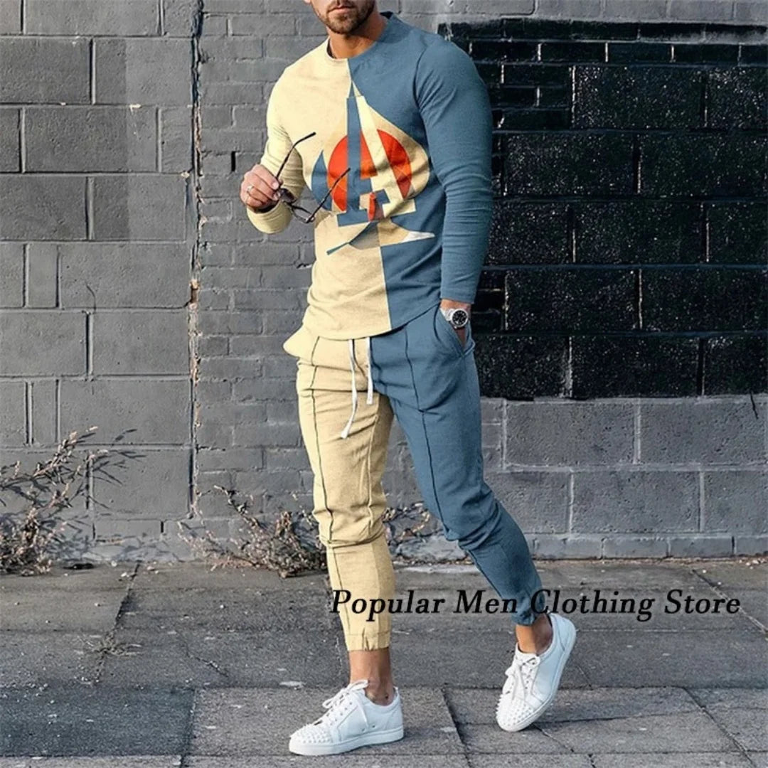 Men's Casual Print Round Neck T-Shirt and Pants Set