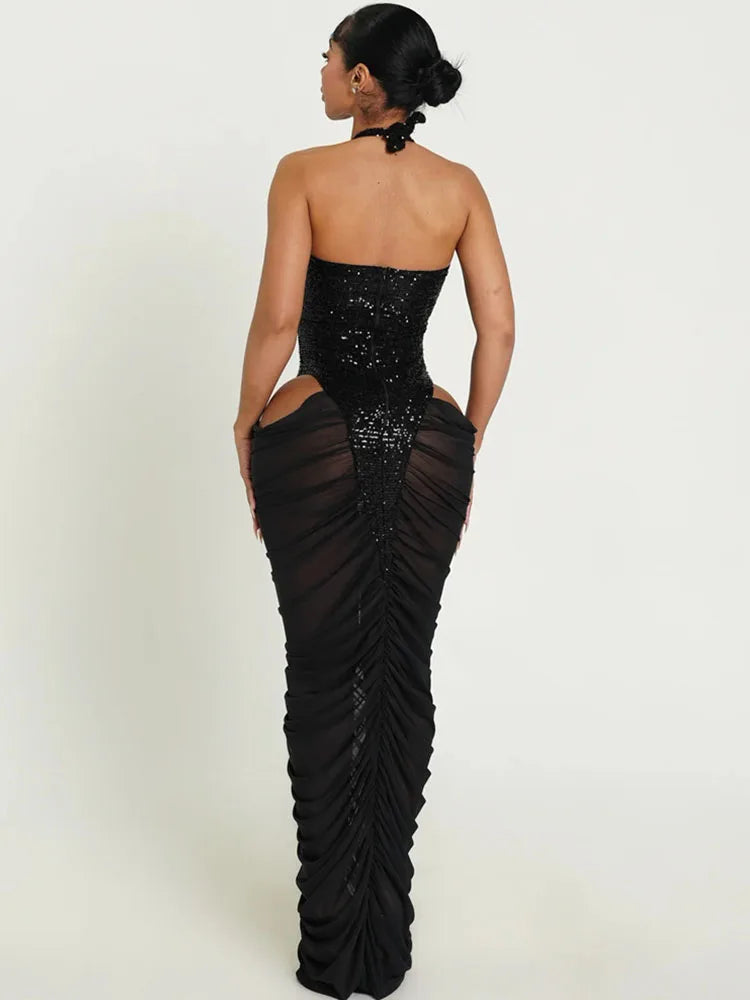 Women's Sexy Sequin Mesh Ruched Maxi Dress