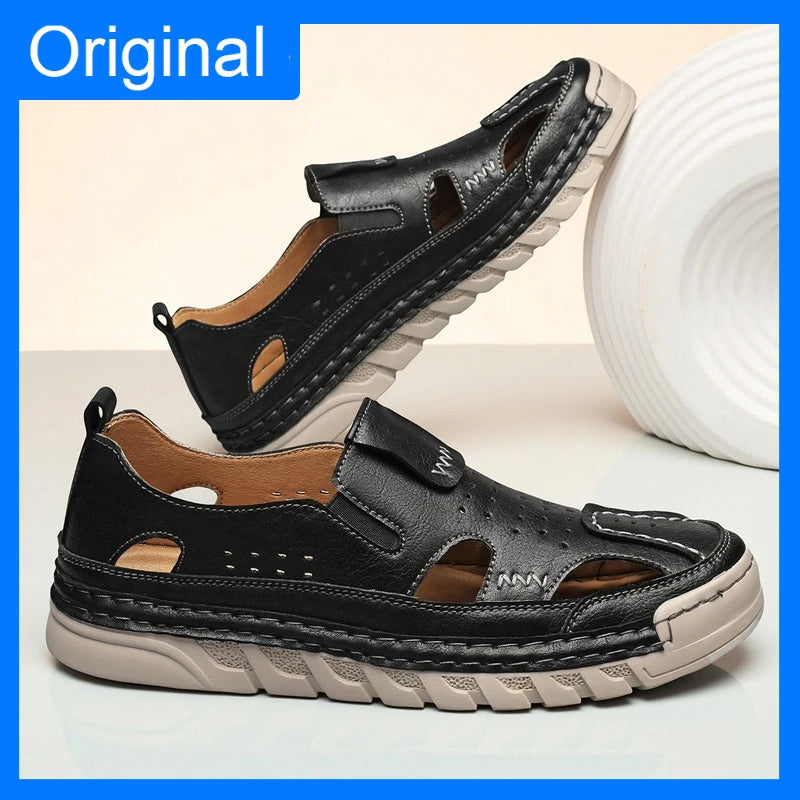 Men's Hand-Sewn Leather Sandals for Daily Outdoor Comfort Rubber Sole