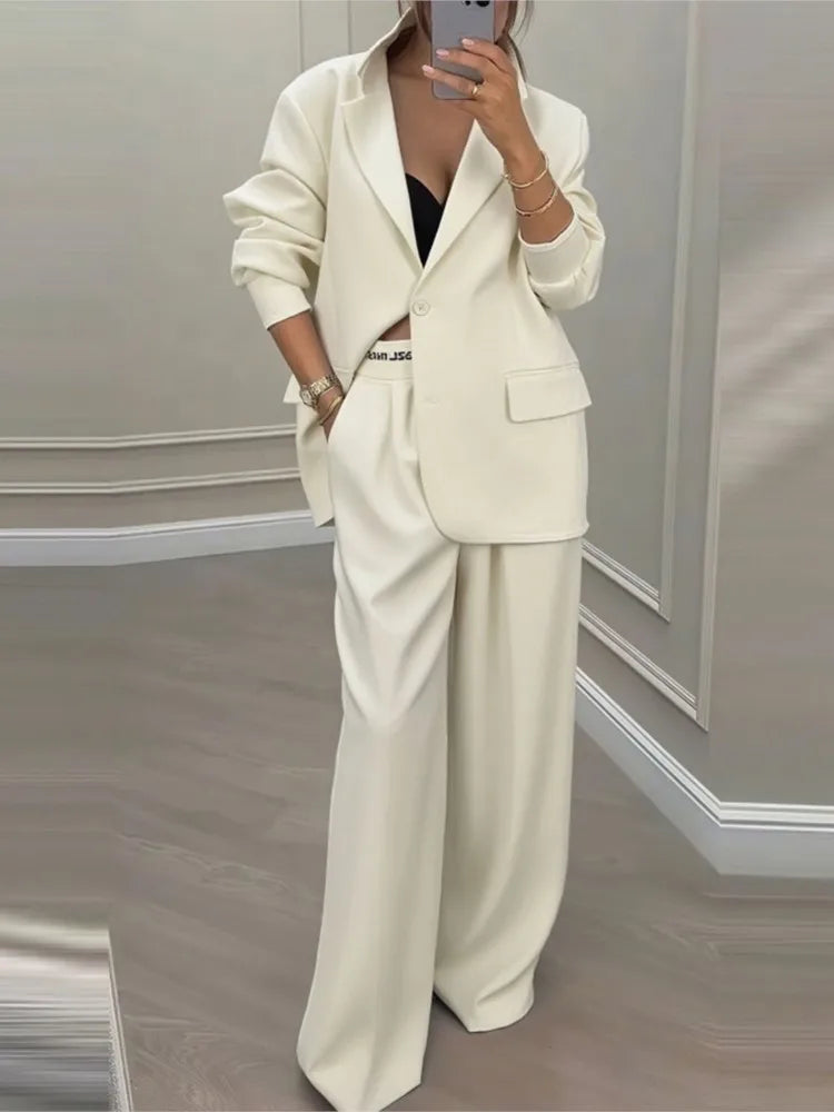 Women's Solid Lapel Blazer Wide Leg Pants Set