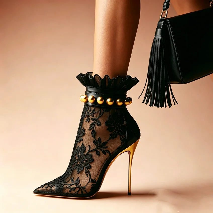 Women's Embroidery Mesh Studded Stiletto Ankle Boots