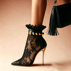Women's Embroidery Mesh Studded Stiletto Ankle Boots