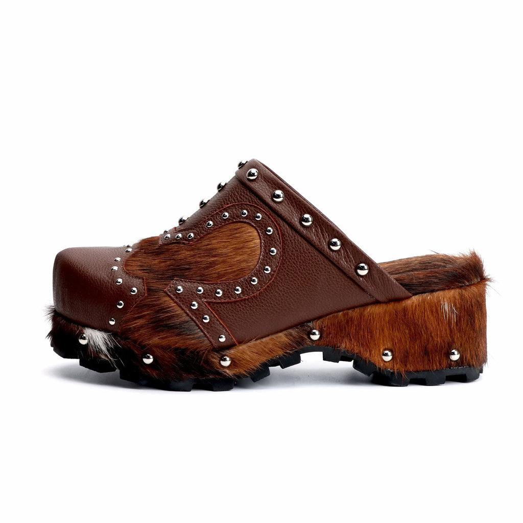 Women's Handmade Studded Fur Platform Clogs