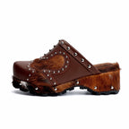 Women's Handmade Studded Fur Platform Clogs