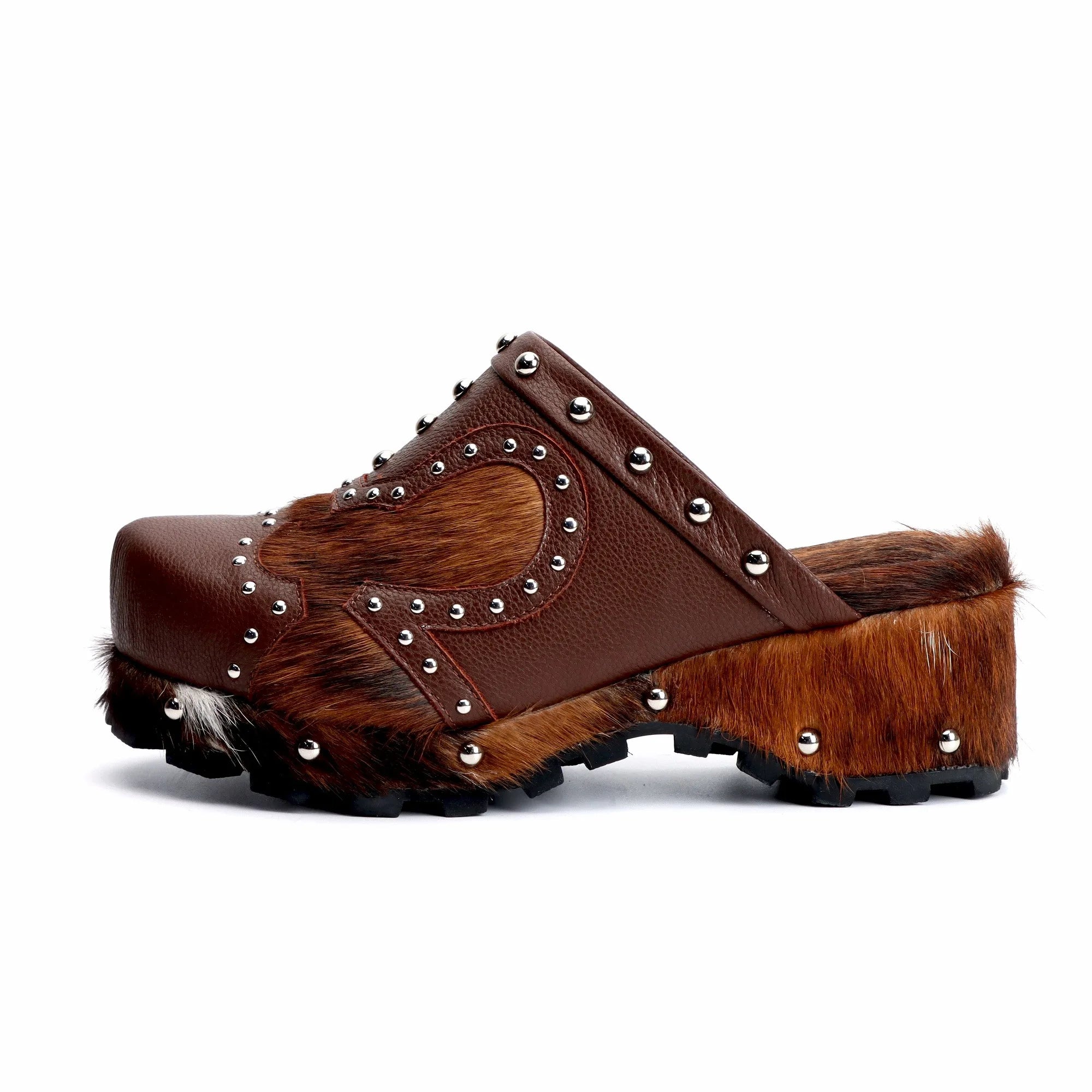 Women's Handmade Studded Fur Platform Clogs