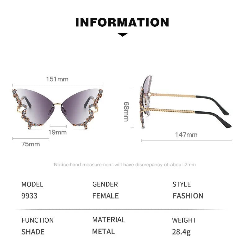 Women's Trendy Butterfly Diamond Rimless Oversized Sunglasses