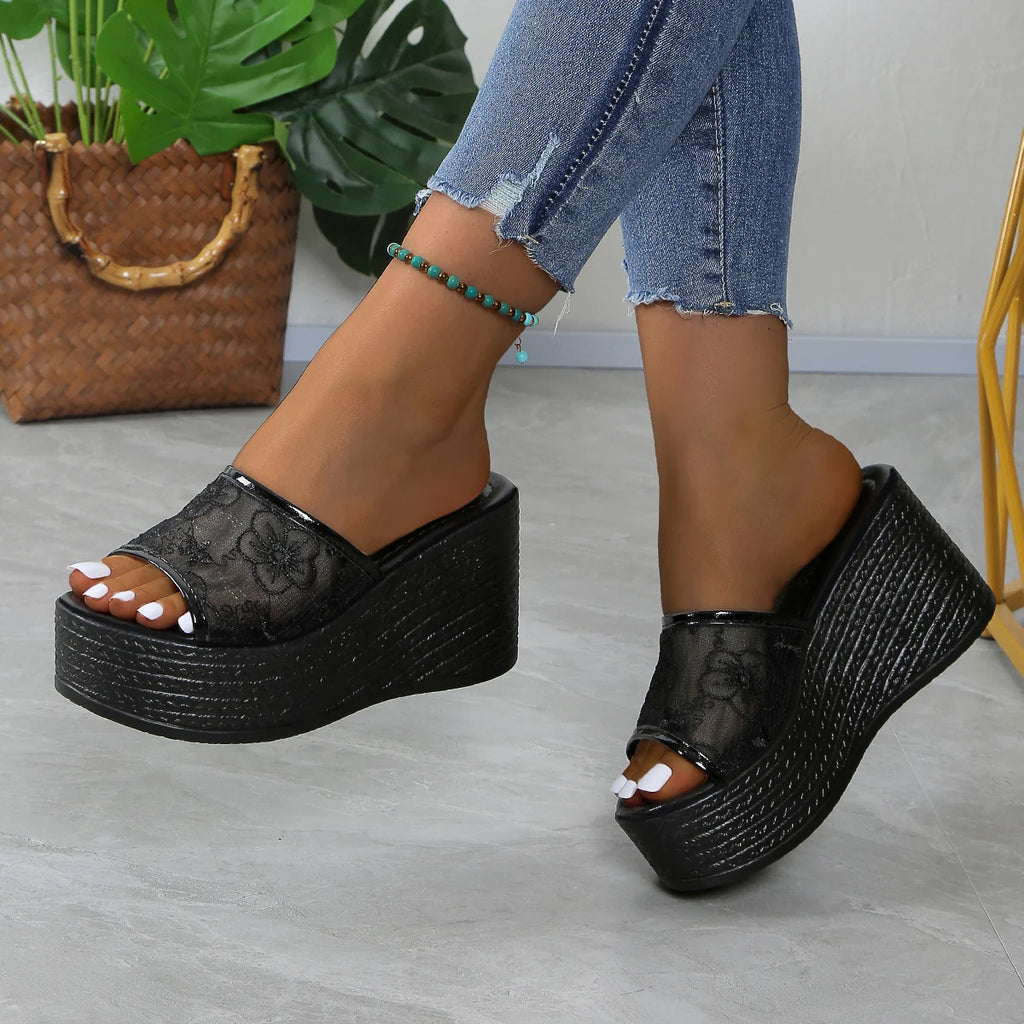 Women's Slip-On Wedge Platform Sandals with Floral Accents Black