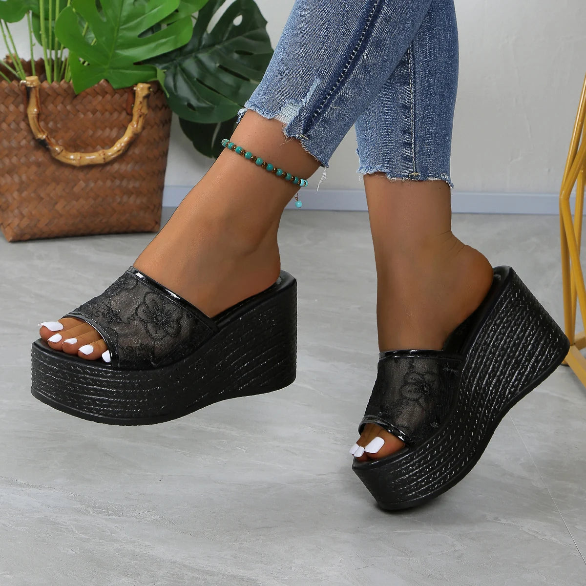 Women's Slip-On Wedge Platform Sandals with Floral Accents Black