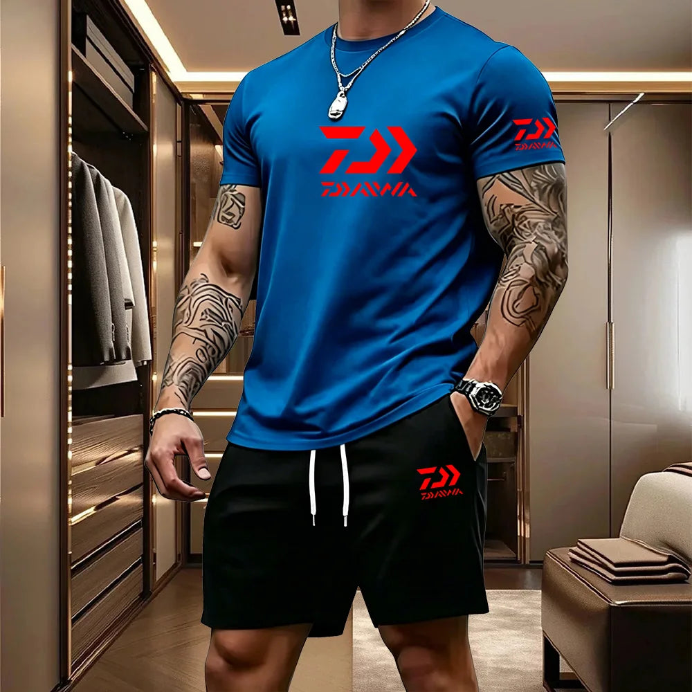Men's Casual Round Neck T-Shirt and Drawstring Shorts Set