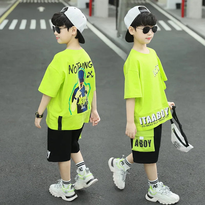 Boys Summer Letter Print Short Sleeve T-Shirt and Shorts Set