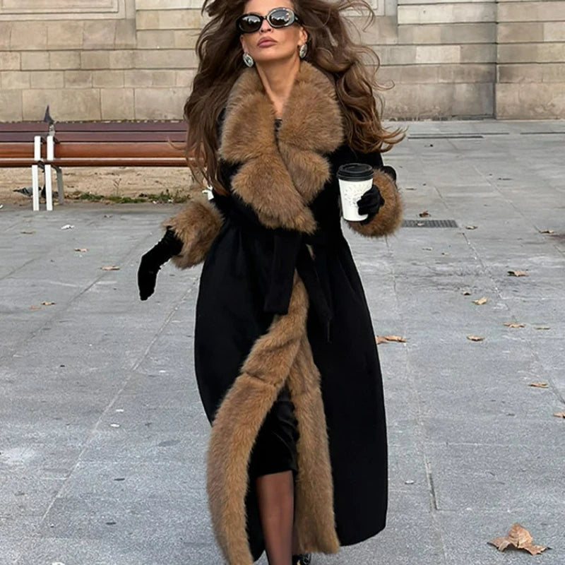 Women's Thick Warm Fur Collar Lace-Up Long Coat CR25122623