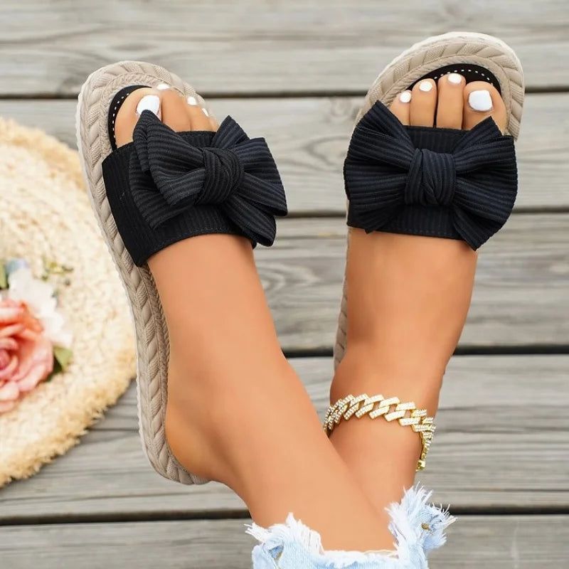 Women's Slip-On Flat Sandals with Bow Detail