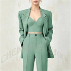 Women's Single Button Tailored Blazer and Pants Suit Set