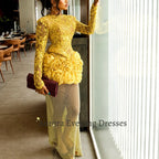Women's 3D Rose Lace Long Sleeve Evening Gown