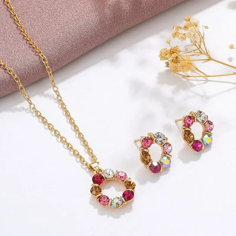 Women's Fashion Elegant Stained Glass Circle Necklace and Earrings Jewelry Set