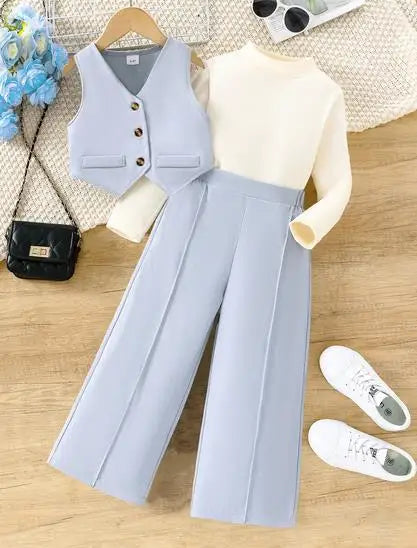 Girls' Solid Long Sleeve Tops Waistcoat Wide Leg Pants Three-Piece Set