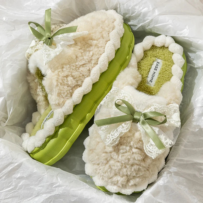 Women's Faux Fur Bowknot House Slippers Plush Warm Indoor Shoes