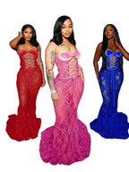 Women's Sexy Mesh Patchwork Strapless Ruched Maxi Dress