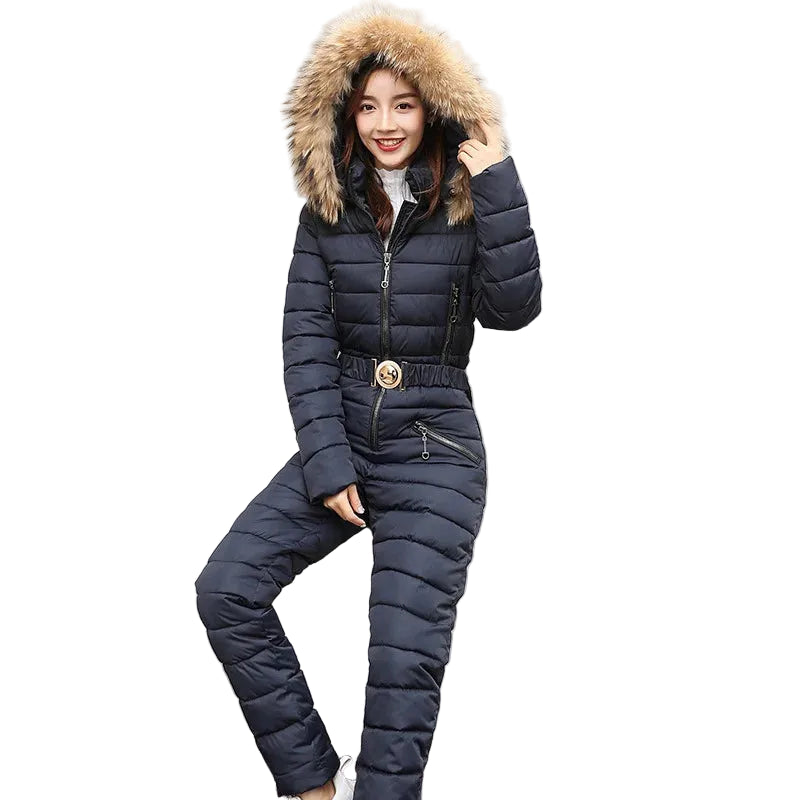 Women's Thick Warm Hooded Ski Suit Winter Parka Jumpsuit