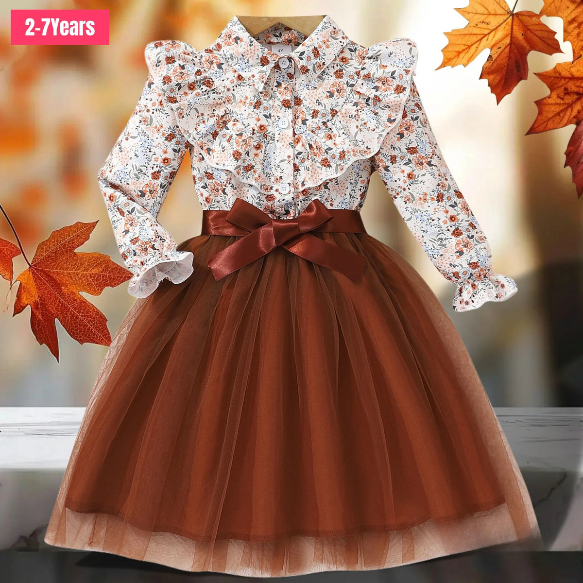 Girls' Long Sleeve Gauze Belt Casual Dress
