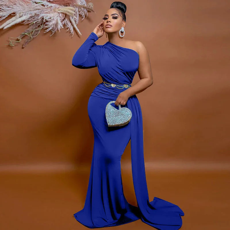 Women's One Shoulder Ruched Mermaid Maxi Evening Dress