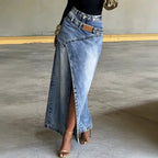 Women's Washed Denim Maxi Skirt High Waist Asymmetric Front Slit