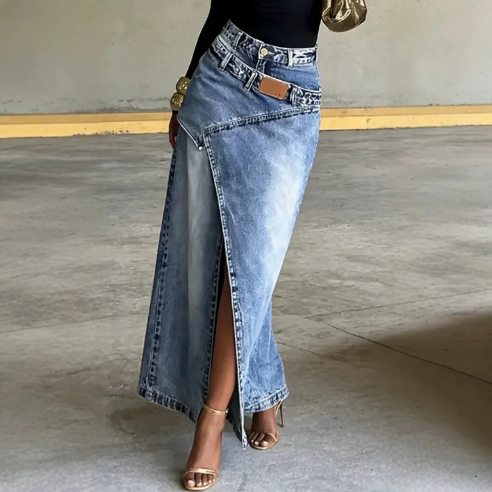 Women's Washed Denim Maxi Skirt High Waist Asymmetric Front Slit