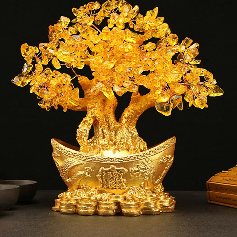 Chinese Gold Ingot Crystal Fortune Money Tree Figurine and Tabletop Ornament