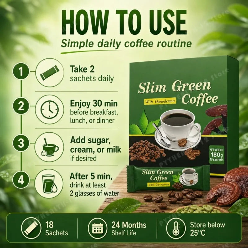 Slim Green Coffee Ganoderma Herbal Supplement 18 Sachets 6.3 oz
