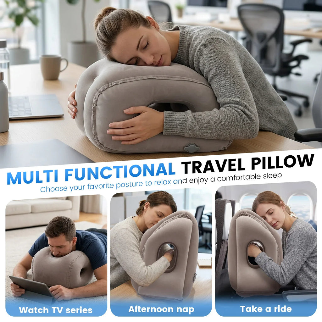 Inflatable Ergonomic Travel Neck Pillow with Storage Bag Grey