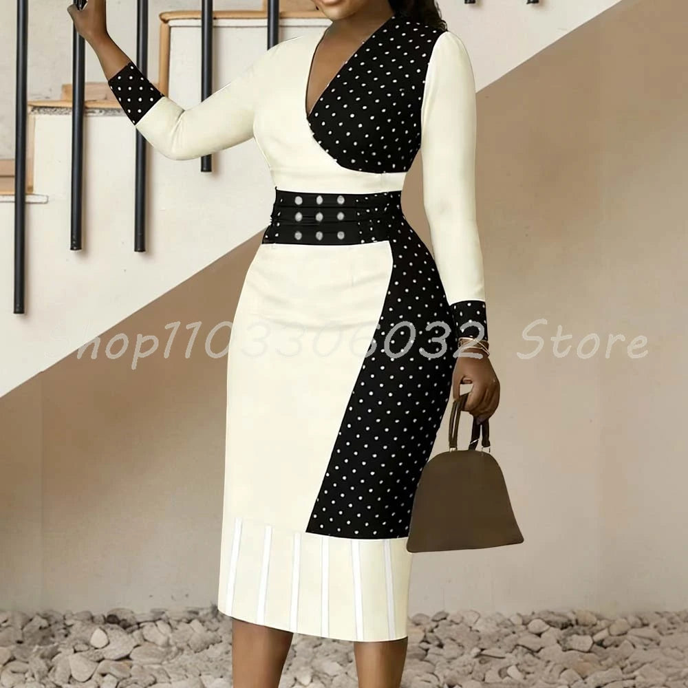 Women's Polka Dot Color Block V-Neck Midi Dress