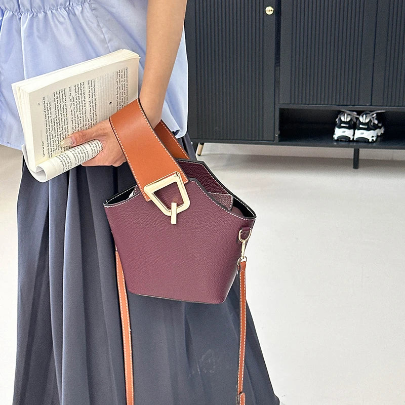 Women's Solid Bucket Shoulder Handbag Versatile Crossbody 9-inch