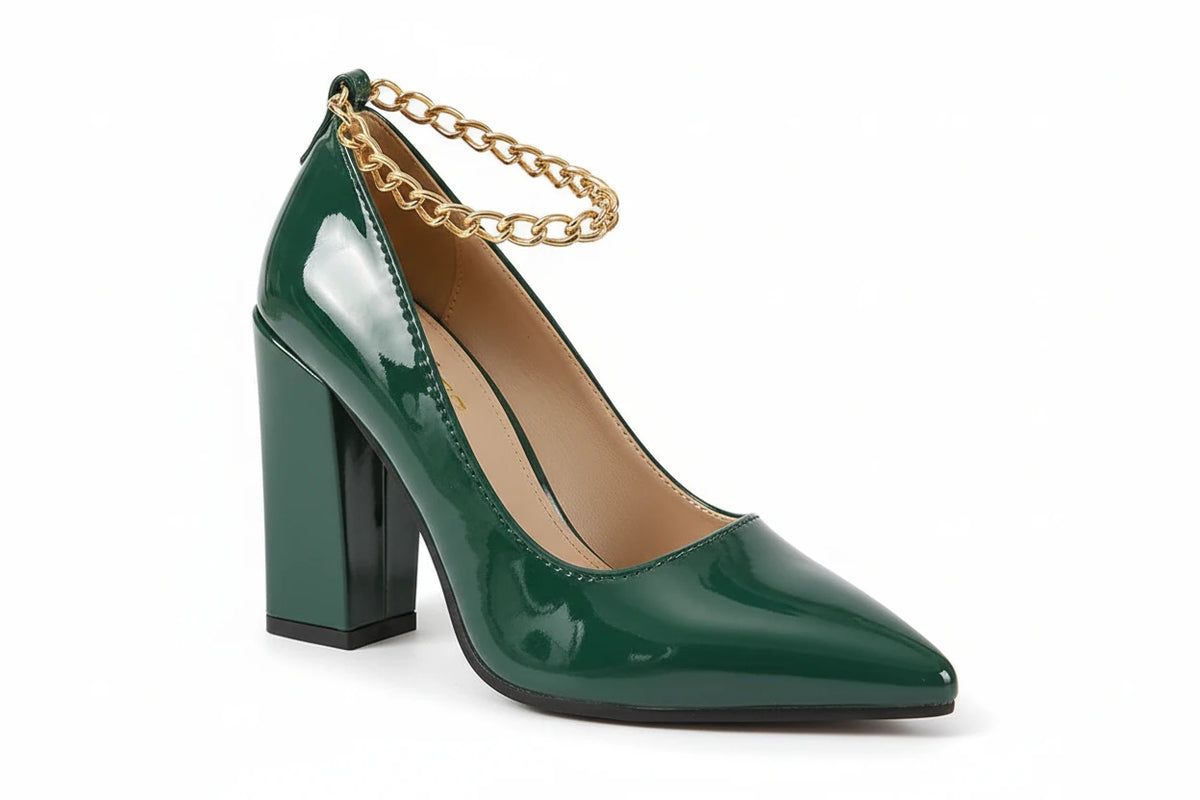 Women's Pointed Toe Gold Chain Ankle Strap 3.9 in Square Heel Pumps