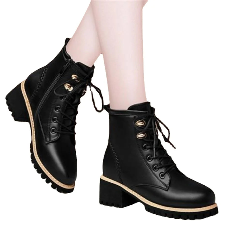 Women's Lace-Up Round Toe Square Heel Ankle Boots