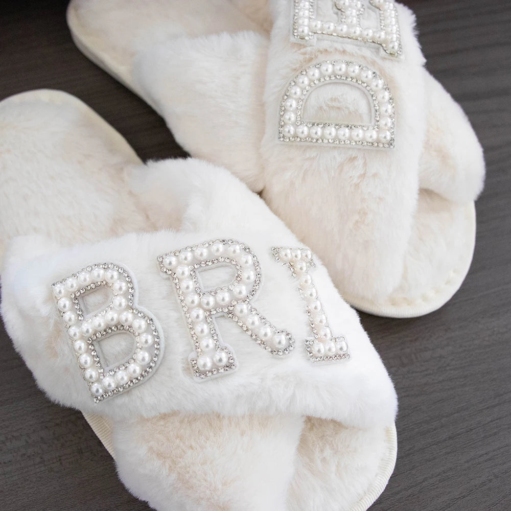 Women's Fuzzy Bride Letter Soft Plush Slippers
